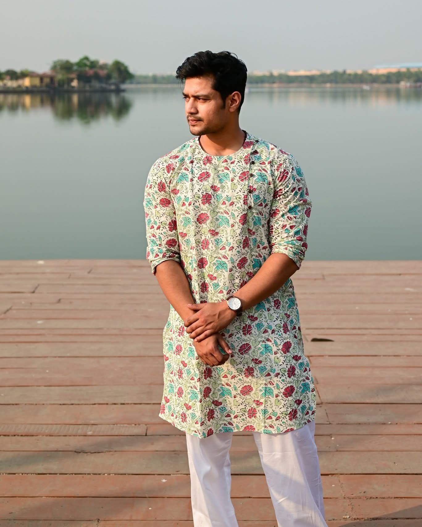 MORNING GLORY BLOCK PRINTED COTTON KURTA – HANDLOOM MEN’S KURTA