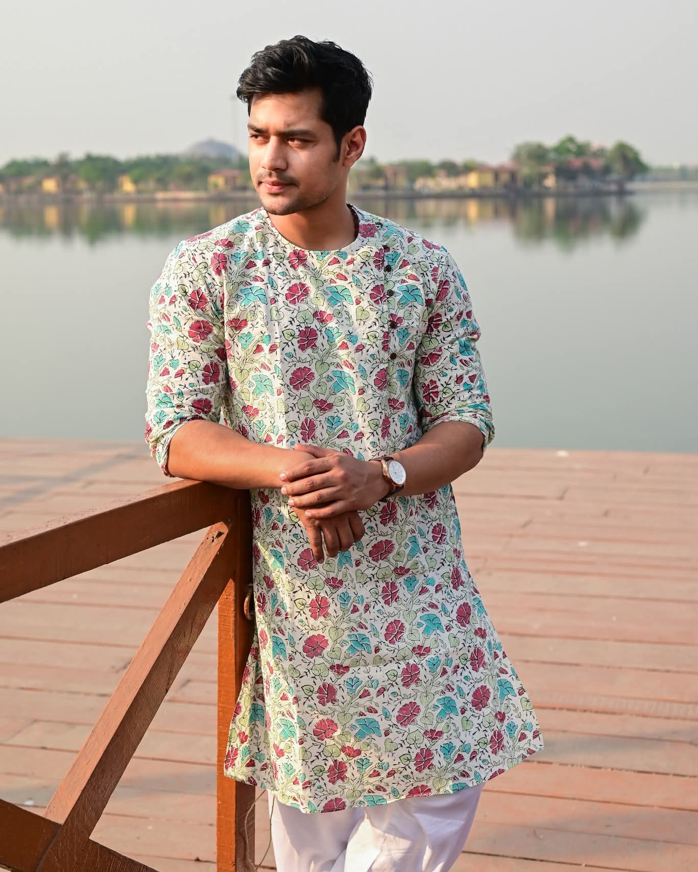 MORNING GLORY BLOCK PRINTED COTTON KURTA – HANDLOOM MEN’S KURTA