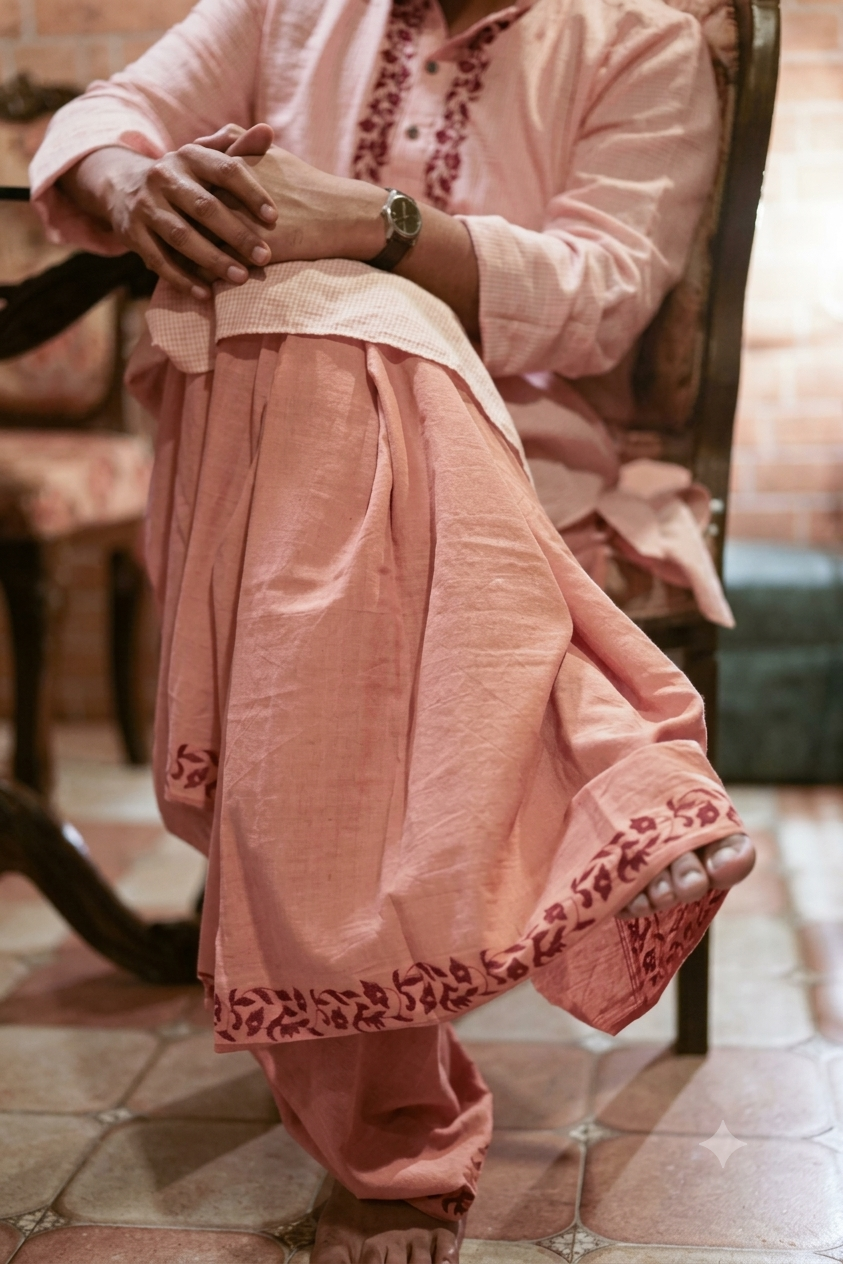 VINTAGE BEIGE HAND BLOCK PRINTED DHUTI
