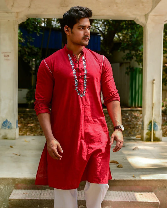 RED MOGRA EMBROIDERED KURTA