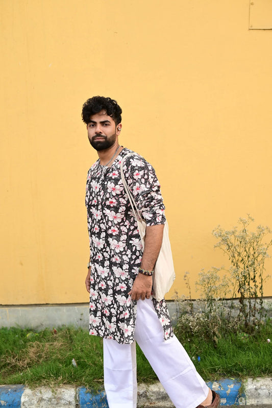 WHITE HIBISCUS BLOCK PRINTED COTTON KURTA – HANDLOOM MEN’S KURTA