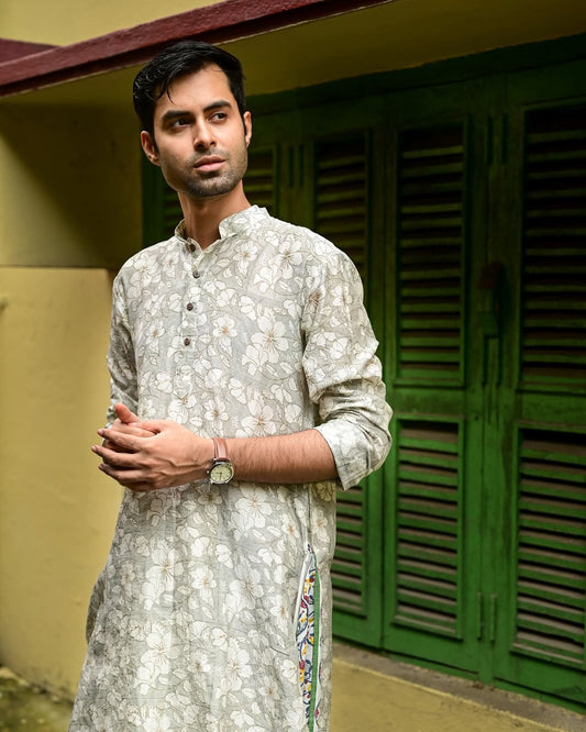 GREY HIBISCUS PRINTED CHANDERI KURTA