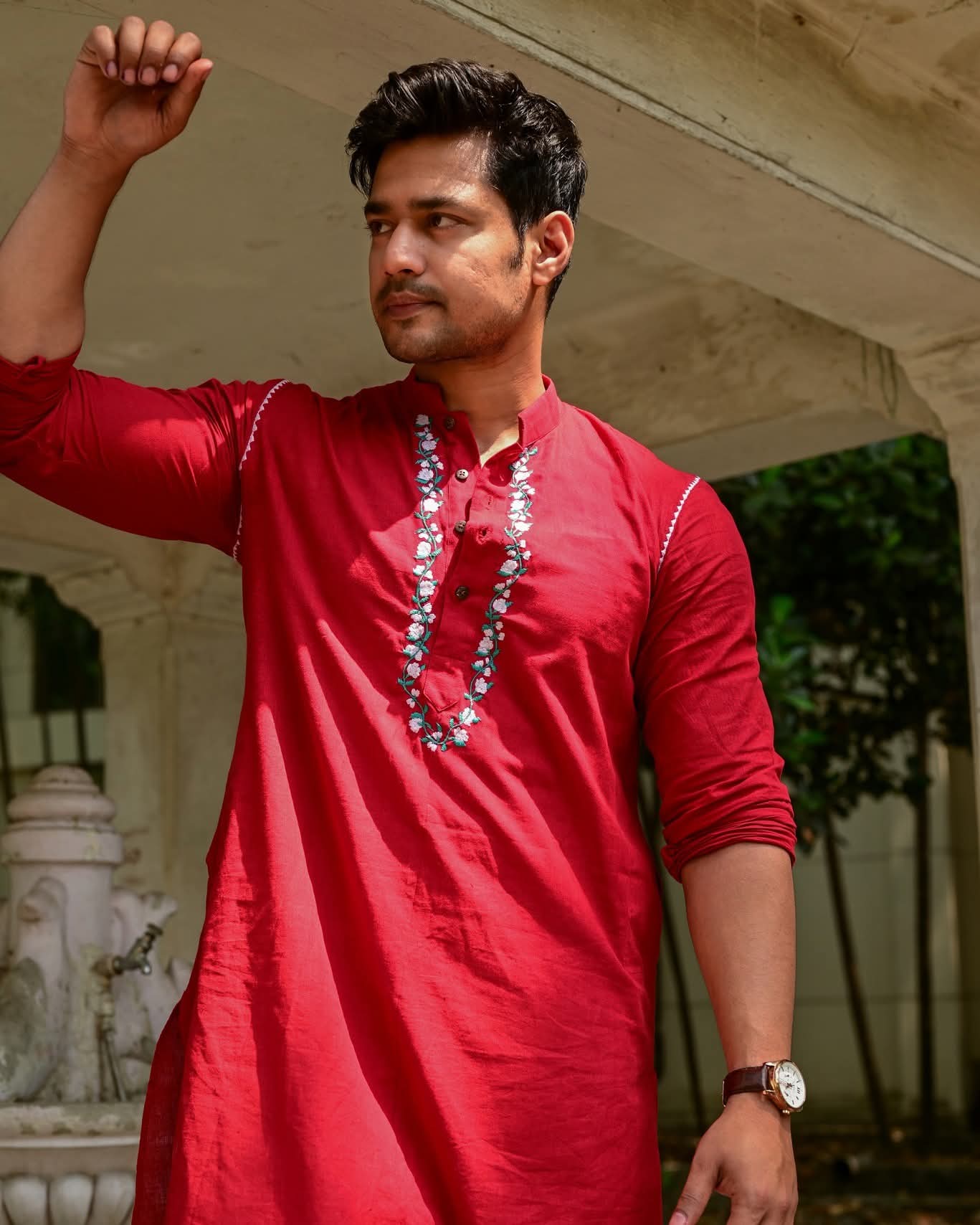 RED MOGRA EMBROIDERED KURTA