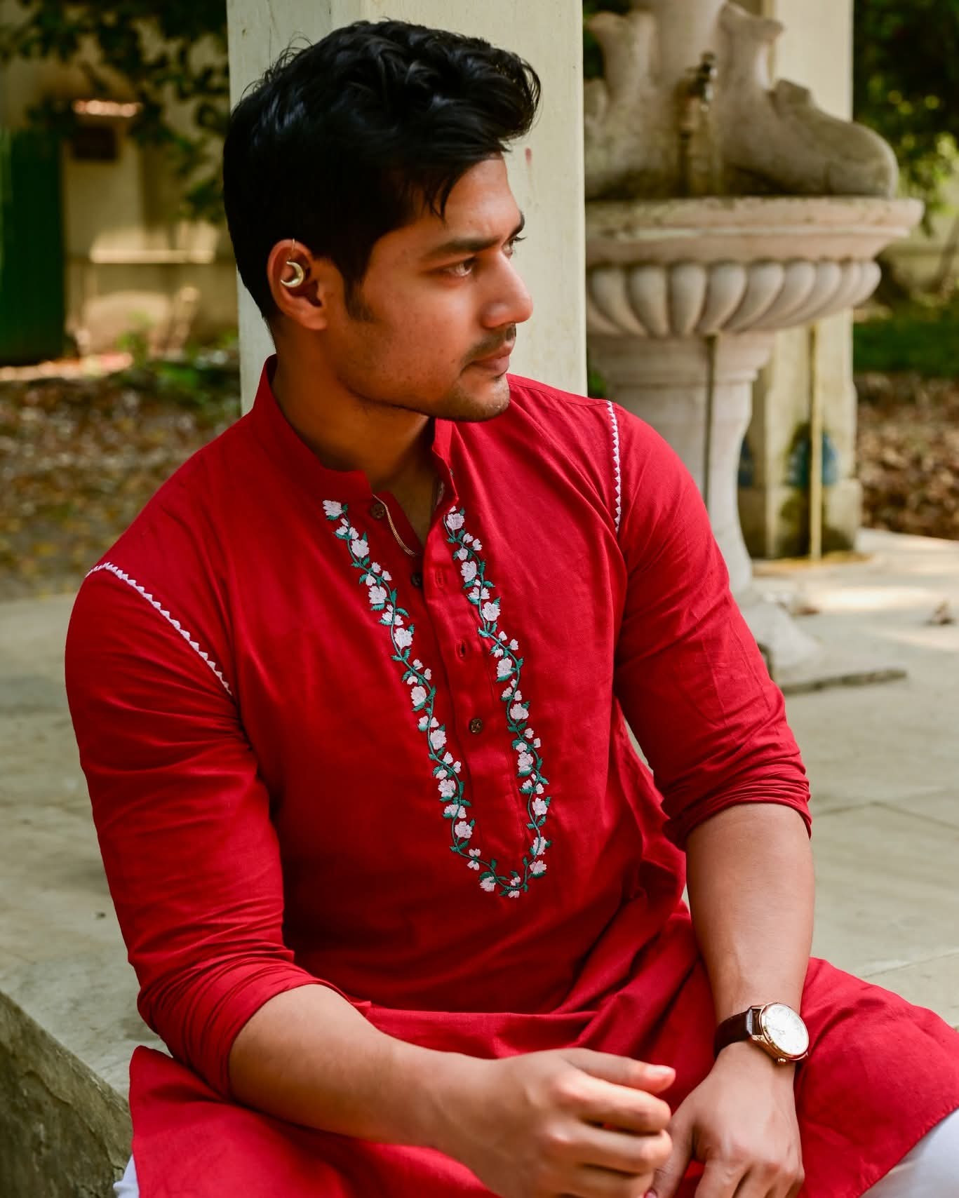 RED MOGRA EMBROIDERED KURTA