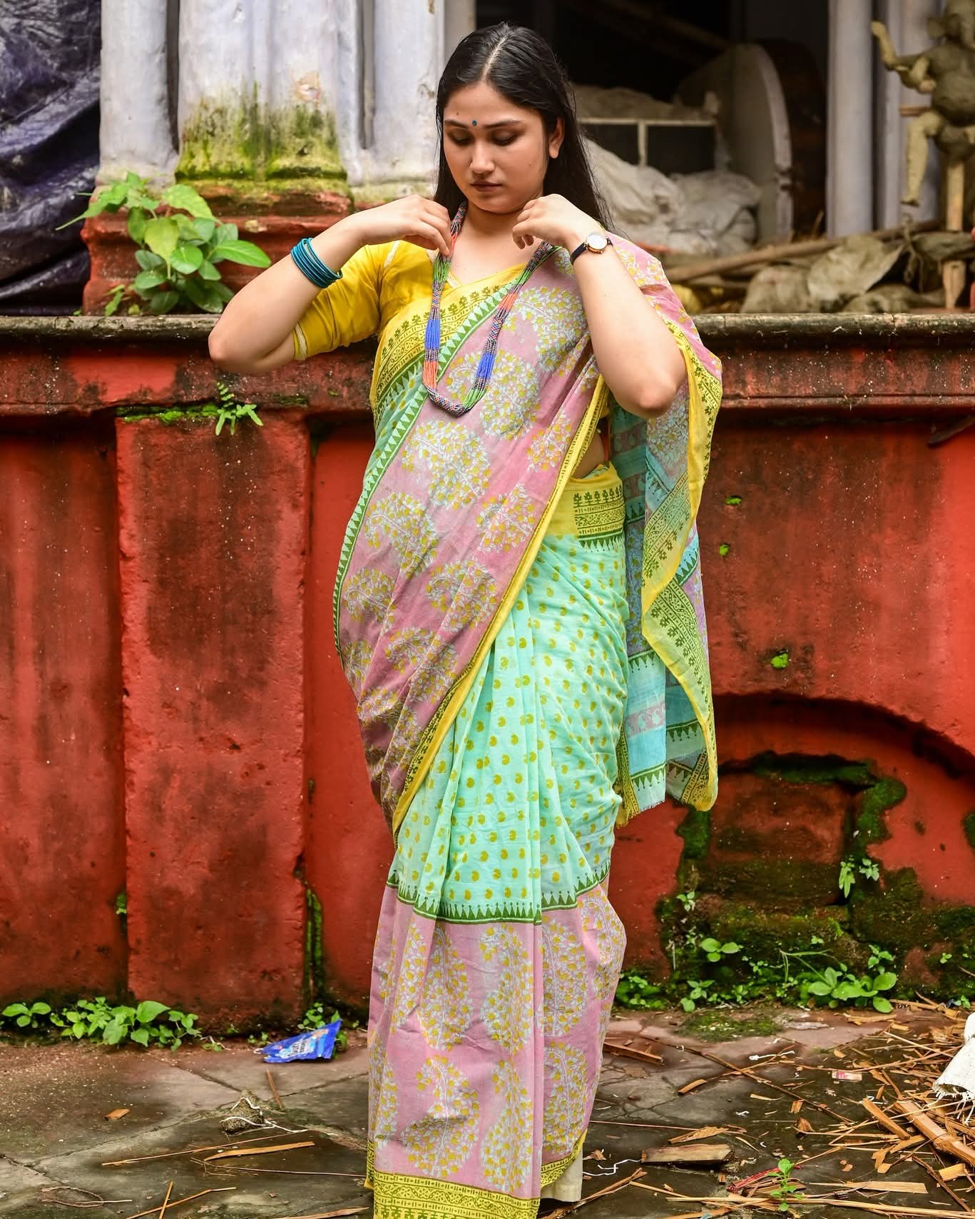 AQUA BLUE AMRAPALI HAND BLOCK PRINTED COTTON SAREE