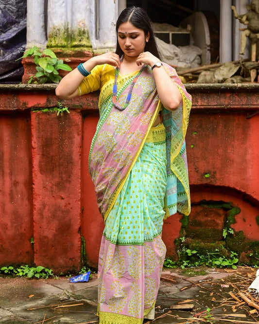 AQUA BLUE AMRAPALI HAND BLOCK PRINTED COTTON SAREE