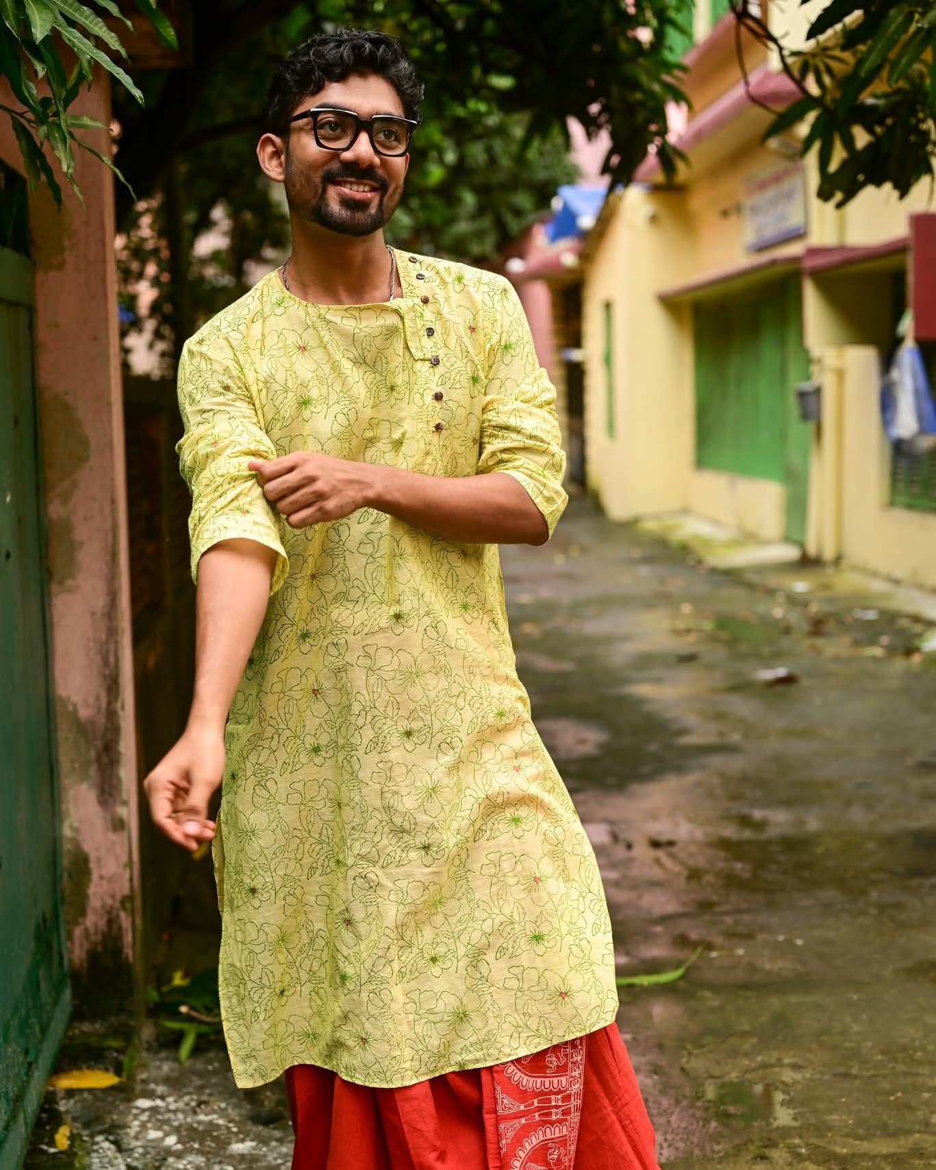YELLOW HIBISCUS PRINTED COTTON KURTA