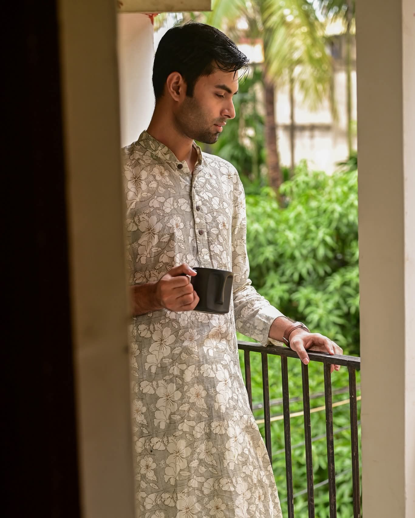 GREY HIBISCUS PRINTED CHANDERI KURTA