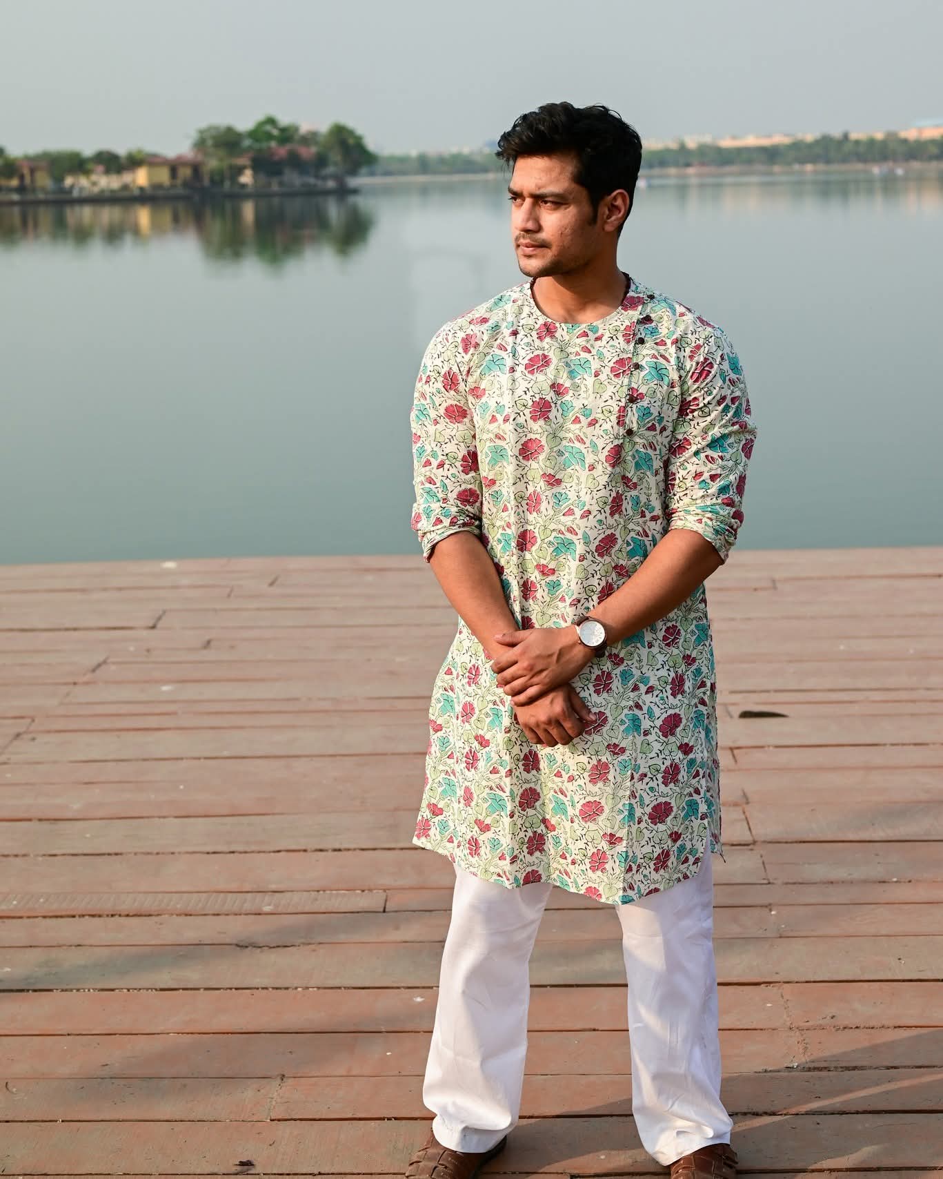 MORNING GLORY BLOCK PRINTED COTTON KURTA – HANDLOOM MEN’S KURTA