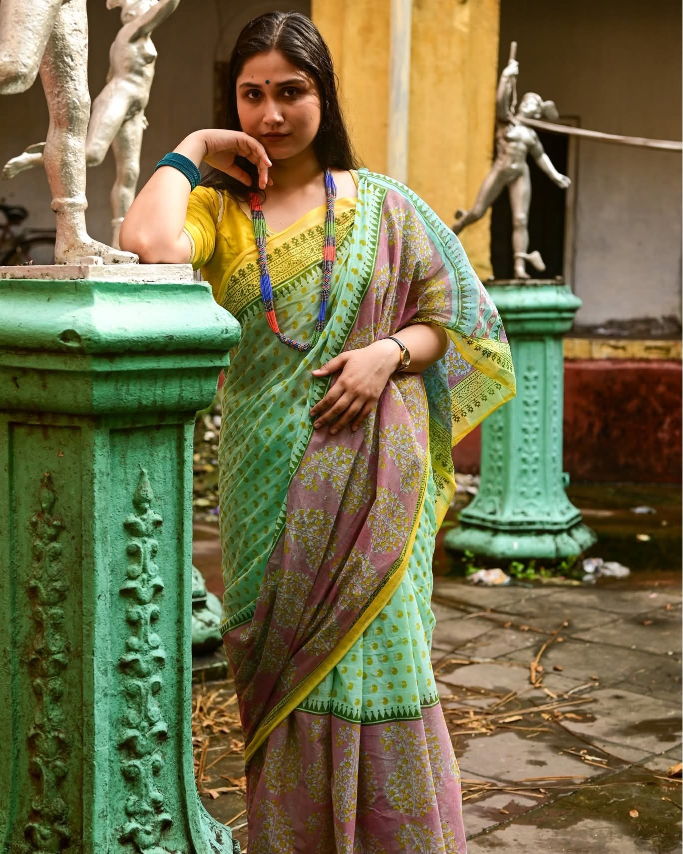 AQUA BLUE AMRAPALI HAND BLOCK PRINTED COTTON SAREE