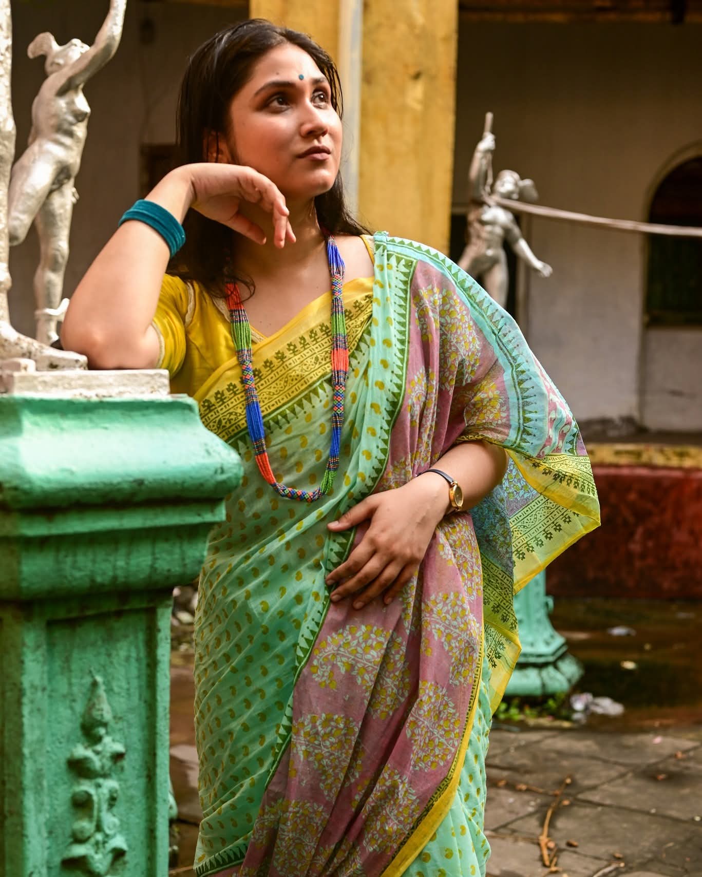 AQUA BLUE AMRAPALI HAND BLOCK PRINTED COTTON SAREE