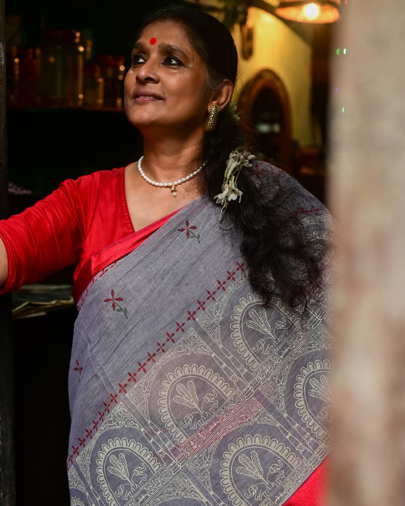 GREY DURGADALAN HAND BLOCK PRINTED DHONEKHALI COTTON SAREE