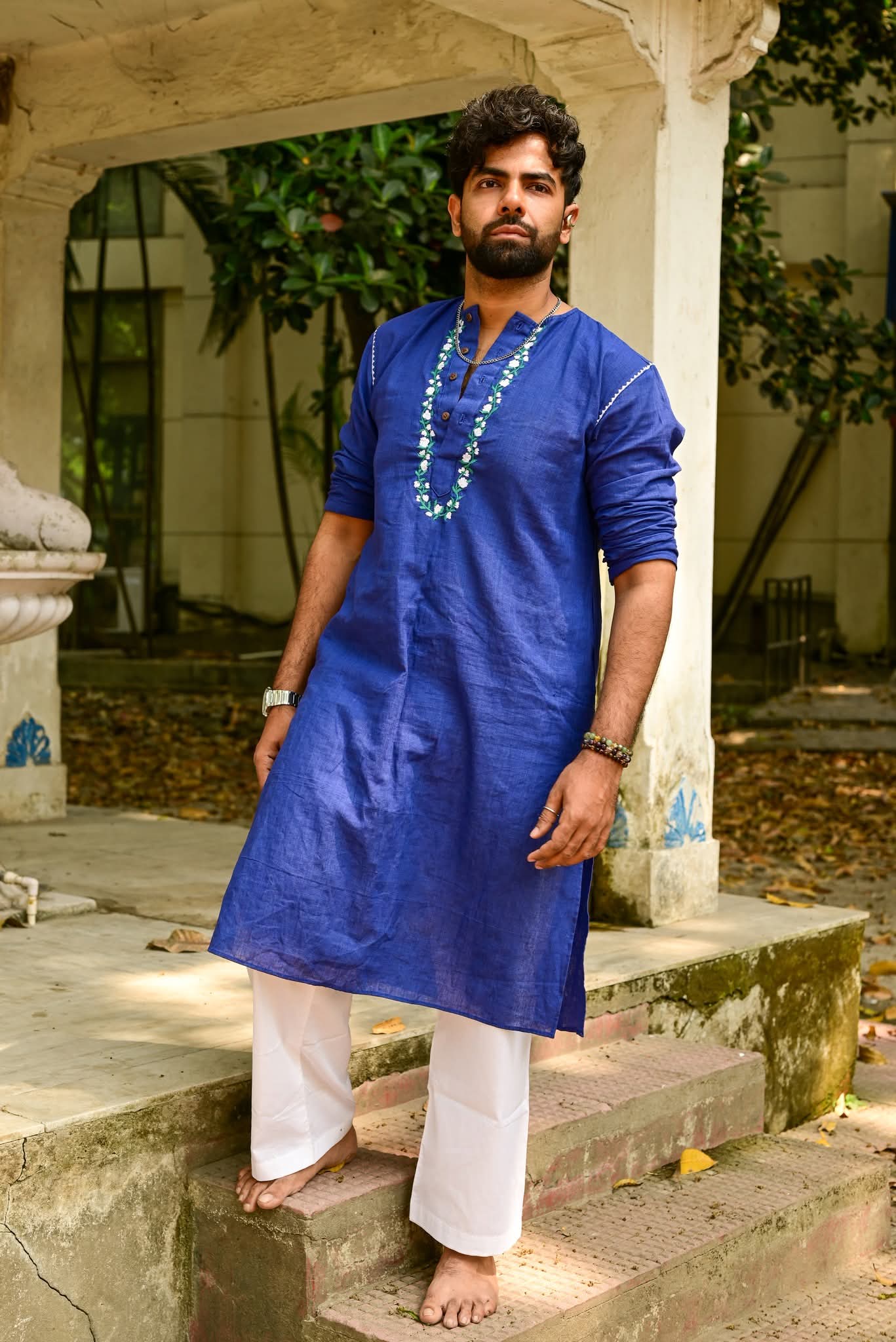 INDIGO BLUE MOGRA EMBROIDERED KURTA