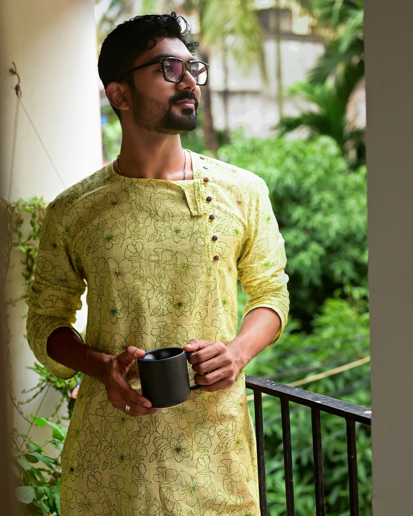 YELLOW HIBISCUS PRINTED COTTON KURTA