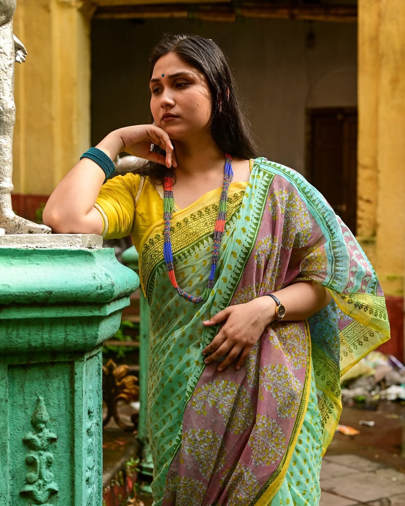 AQUA BLUE AMRAPALI HAND BLOCK PRINTED COTTON SAREE
