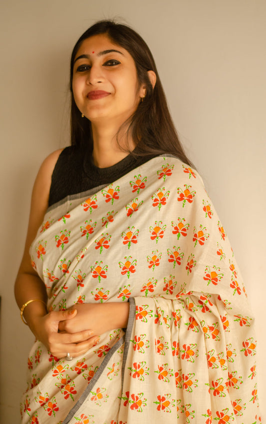 KRISHNACHURA 001- HANDLOOM HAND BLOCK PRINT COTTON SAREE