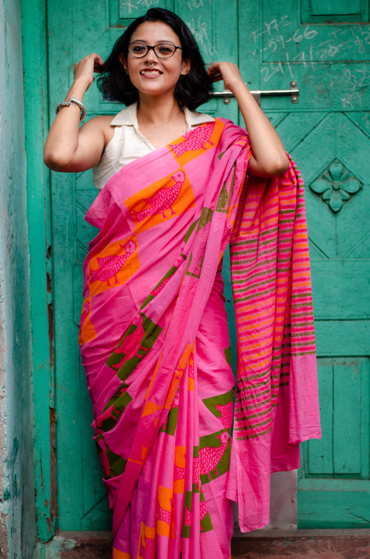 KOKIL 001 - MULMUL COTTON HAND BLOCK PRINT SAREE