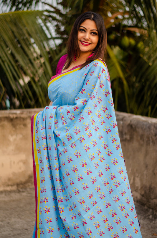 KRISHNACHURA 002 - MULMUL HAND BLOCK PRINT COTTON SAREE