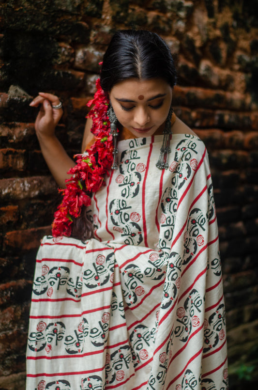 GULABO SITABO 001 - HANDLOOM COTTON HAND BLOCK PRINTED  SAREE