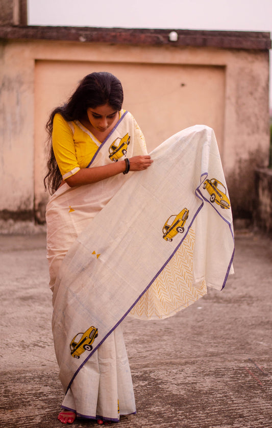 KALIPEELI TAXI 001 - HANDLOOM HAND BLOCK PRINT COTTON SAREE