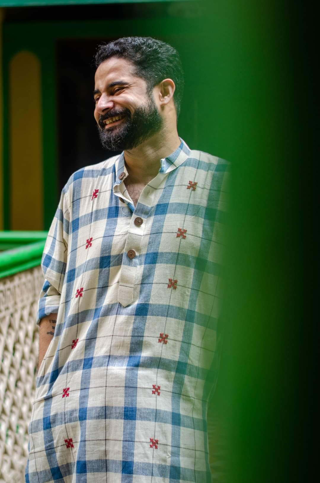 WHITE-INDIGO CHECK KURTA