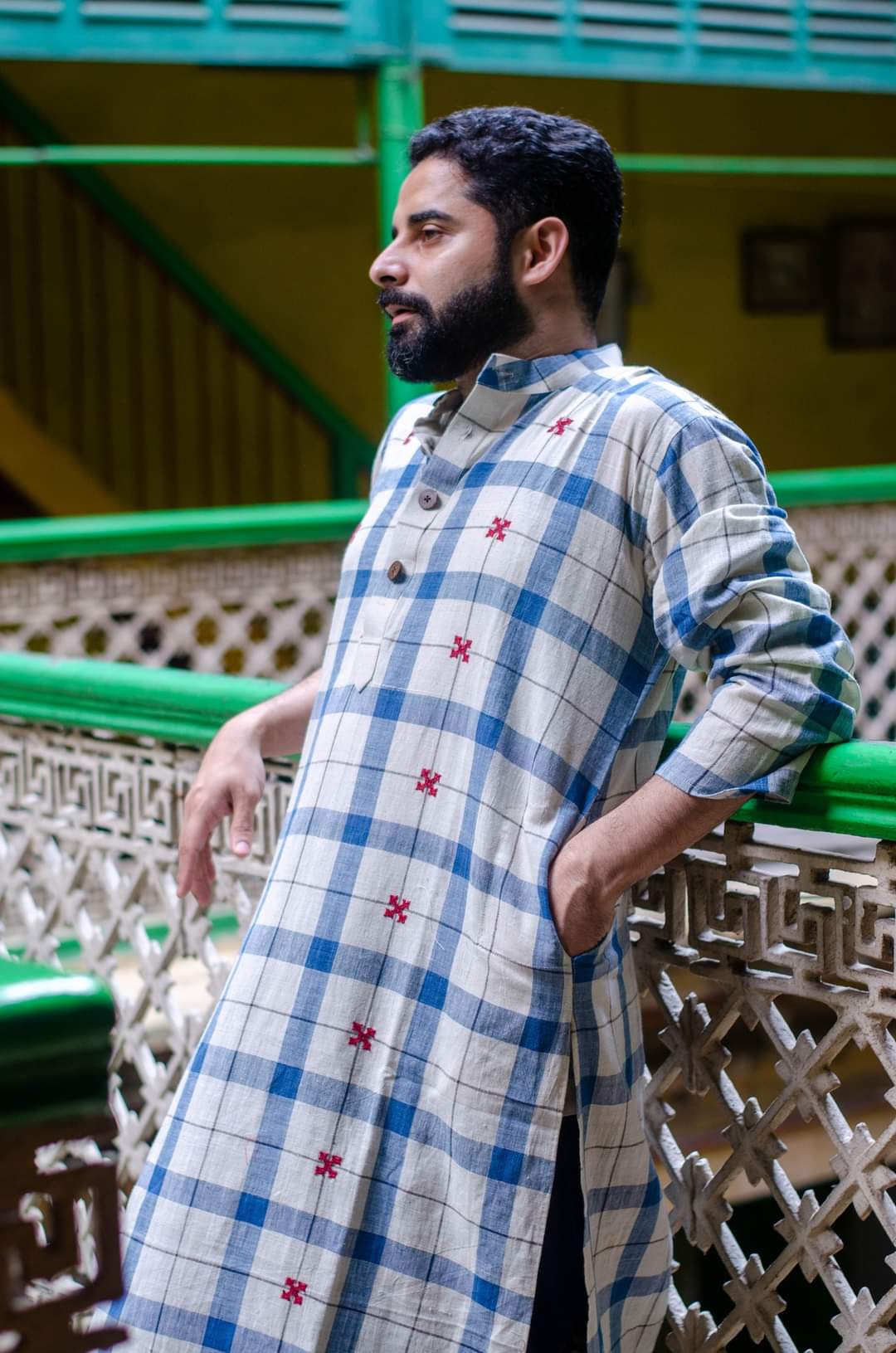 WHITE-INDIGO CHECK KURTA