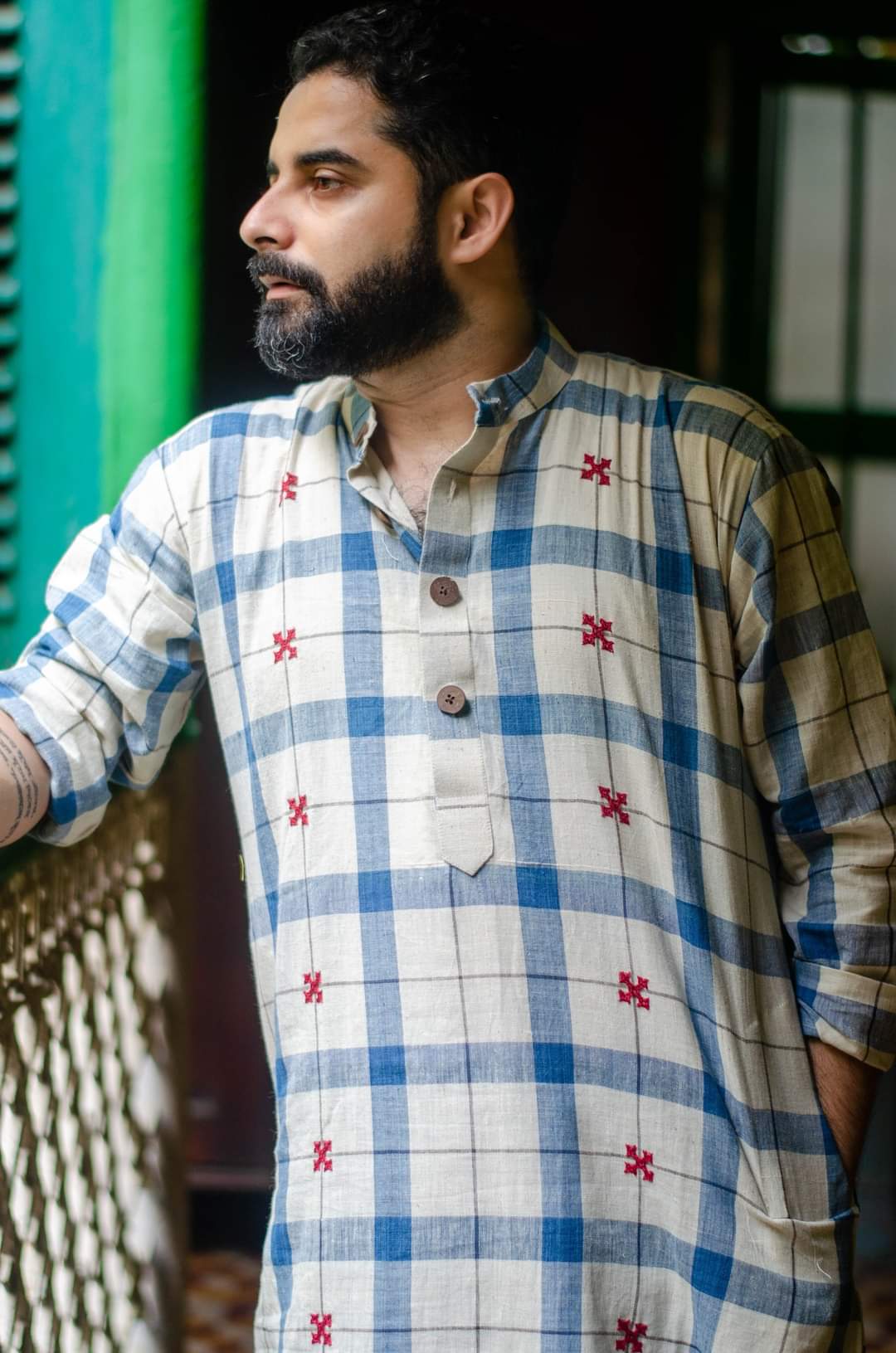 WHITE-INDIGO CHECK KURTA