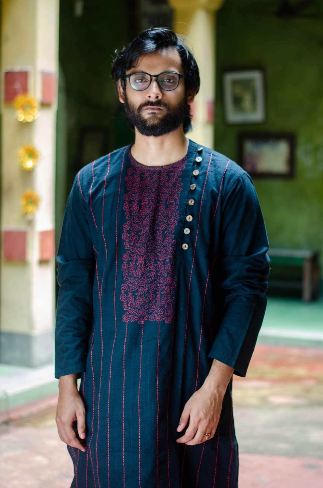 BLACK KANTHA STITCH - HANDLOOM KURTA