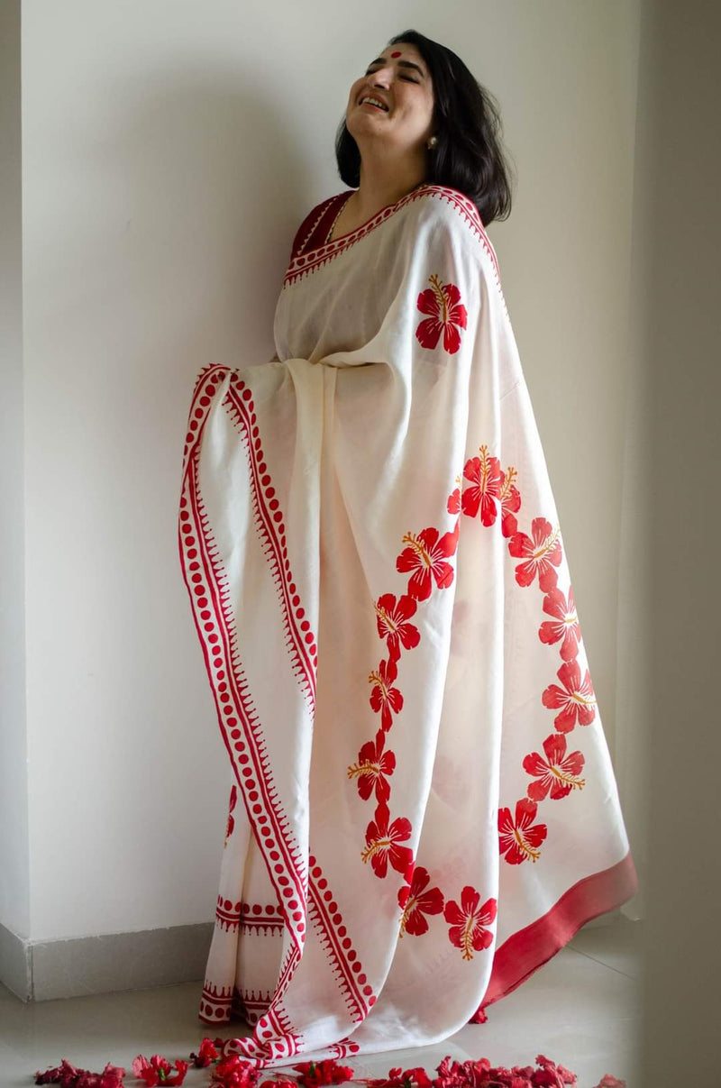 Hiranya - Hand Painted Organdi Cotton Saree - Samprada Fashions